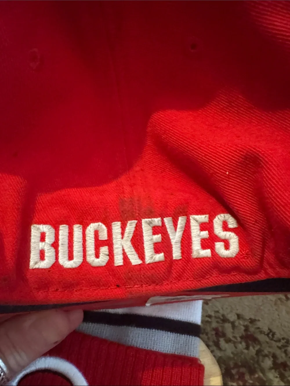 Ohio State Red Pom Baseball Cap and Red Striped Knit Beanie Hat Set